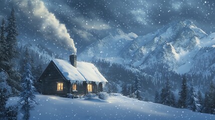 Cozy cabin nestled in a snowy mountain landscape with smoke rising from the chimney.