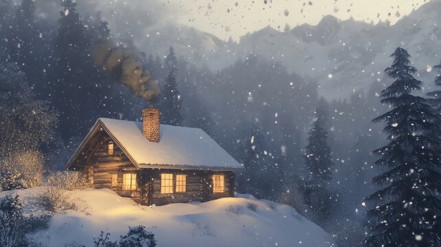 A cozy log cabin with warm lights glows in the snowy winter forest.