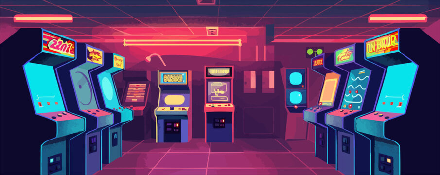 80s arcade, classic video game machines and neon colors, retro gaming, neon style, vector illustration, flat style.