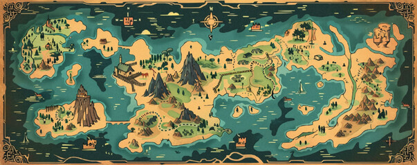 Adventure map poster, detailed fantasy world map with mythical creatures and landmarks, for RPG fans, flat, vector illustration.