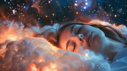 A serene portrait of a young girl dreaming peacefully against a cosmic backdrop of stars and vibrant galaxies