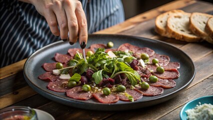 Beef carpaccio served with bread cut into small pieces and is placed next to the meat. The woman is reaching for the bread

