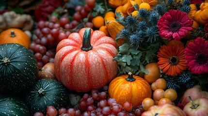 Autumn Harvest   Pumpkins  Grapes  Flowers  and Fall Foliage
