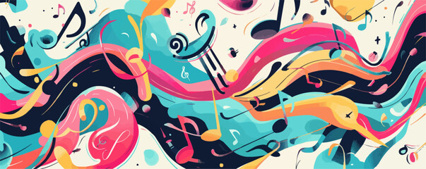 Obraz premium Abstract music poster, vibrant musical notes and instruments with dynamic energy, perfect for music lovers, flat, vector illustration.