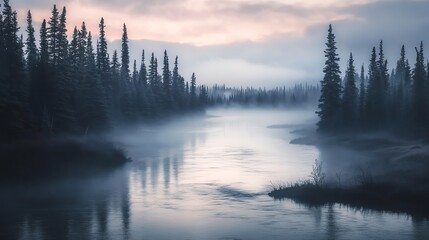 Fototapeta premium A misty river flows through a forest at dawn.
