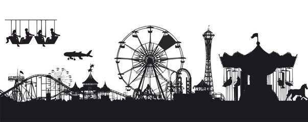 Carnival rides, Ferris wheels, carousels, and roller coasters, amusement park silhouettes, black silhouette, vector illustration, flat style.