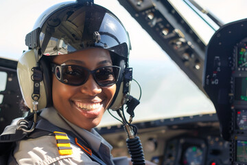 Smiling black female pilot, celebrating diversity and success in aviation