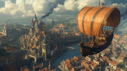 A large sailing airship soars above a medieval fantasy city with tall spires and cobblestone streets.