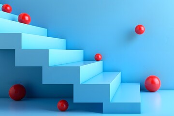 Vibrant Blue Stairs with Red Spheres in a Minimalist Setting