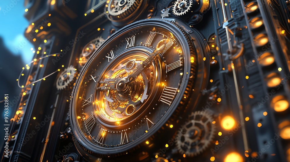 Poster a close-up of a steampunk clock with intricate gears and glowing lights.