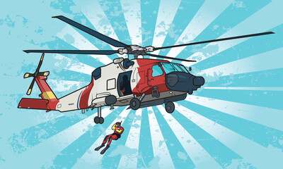 Vector graphic of a Coast Guard helicopter and rescue swimmer