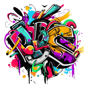 The image is a colorful graffiti of letters and numbers