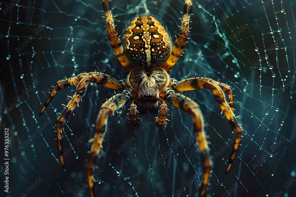 Poster captivating close-up of a spider in its intricate web