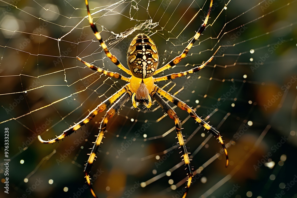 Poster captivating close-up of a colorful spider in its intricate web