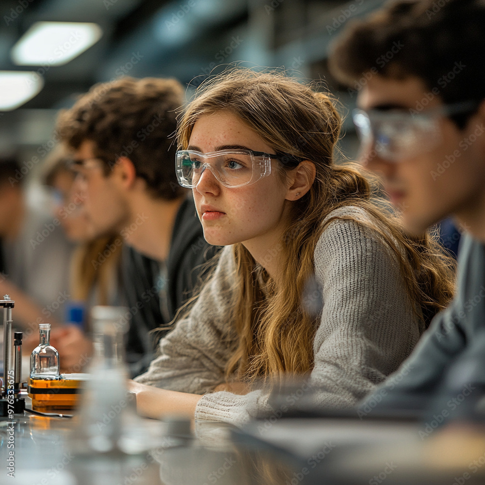 Aufkleber focused science students in university lab, engaged in experiments and learning. their expressions r
