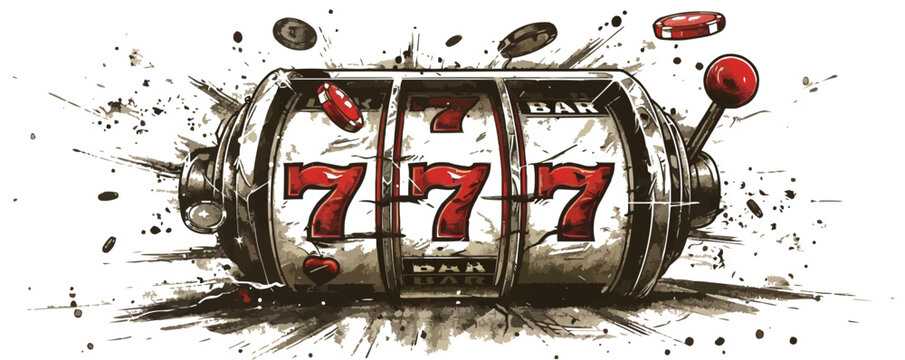Casino slot 777 machine hand drawn engraving sketch. vector simple illustration
