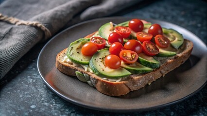 A slice of toasted sour dough bread with avocado and tomato on top
