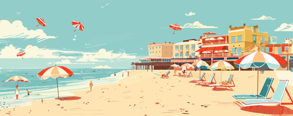 Classic seaside resort with vintage beach umbrellas and boardwalk attractions, flat, vector illustration, vintage hand drawn.