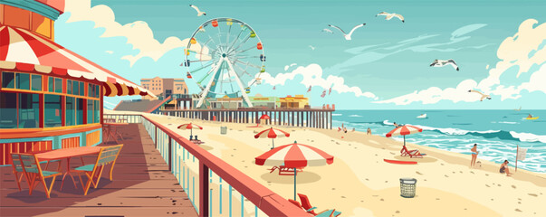 Classic seaside resort with vintage beach umbrellas and boardwalk attractions, flat, vector illustration, vintage hand drawn.