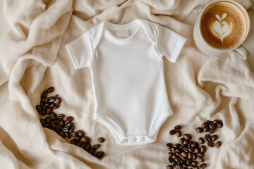Overhead view of white baby onesie on beige fabric with coffee beans and a latte on a beige cloth background, coffee and baby pregnancy announcement concept 