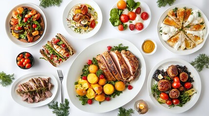 A top view of a gourmet meal, arranged on a white background