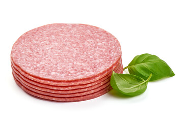 French Salami sausage slices, isolated on white background. High resolution image