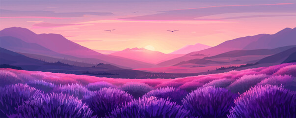 Lavender fields filling the air with aroma and soft violet hues. Digital art style vector flat minimalistic isolated illustration.