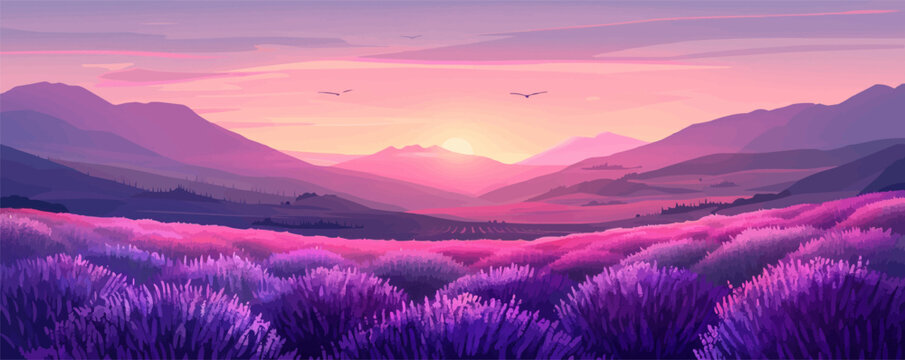 Lavender fields filling the air with aroma and soft violet hues. Digital art style vector flat minimalistic isolated illustration.