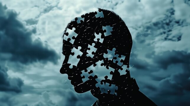Silhouette of a Man with Puzzle Pieces Against a Cloudy Sky, Symbolizing Mental Health and Complexity