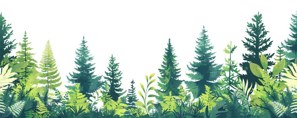 Obraz premium Green tree border. Forest foliage and coniferous plants. Flat cartoon. vector simple illustration