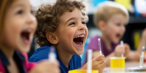 Children bursting with laughter as they energetically engage in a fun activity, exemplifying youthful joy and the essence of carefree childhood moments.