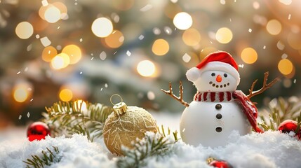 Obraz premium Festive Snowman Smiling in Christmas Wonderland with Sparkling Lights and Ornaments