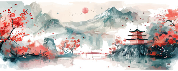 Traditional watercolor oriental, Japanese style. Vector illustration © GRACE