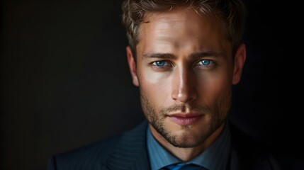 Striking Handsome Man Blue Eyes Trendy Suit Confident Expression Professional Portrait | AI Generated