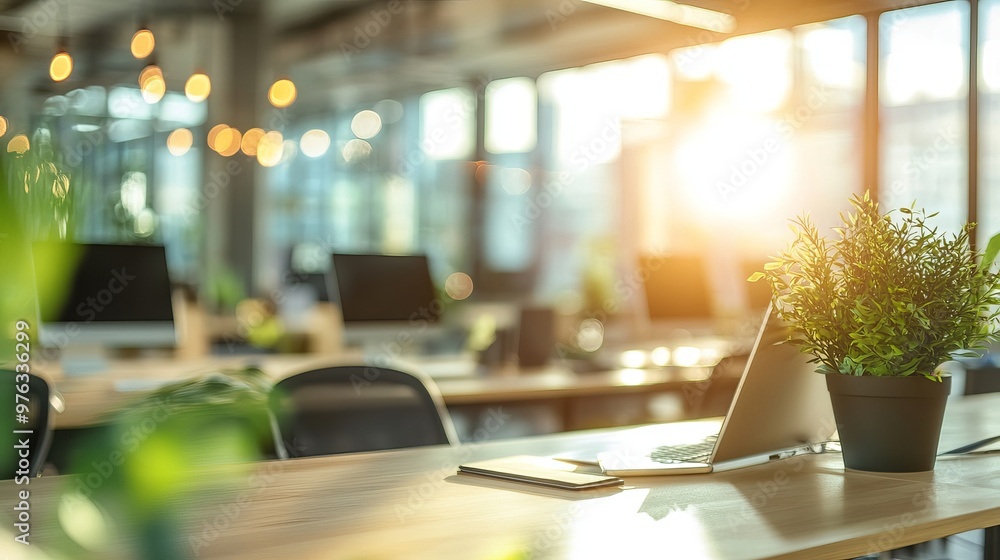 Poster modern open space business office interior with no people featuring blurred bokeh lighting includes 