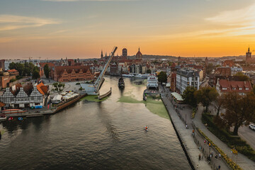 View of the Gdańsk skyline at sunset. Summer.