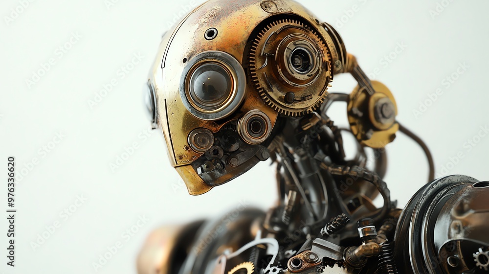 Poster close-up of a steampunk robot head with intricate gears and mechanisms.