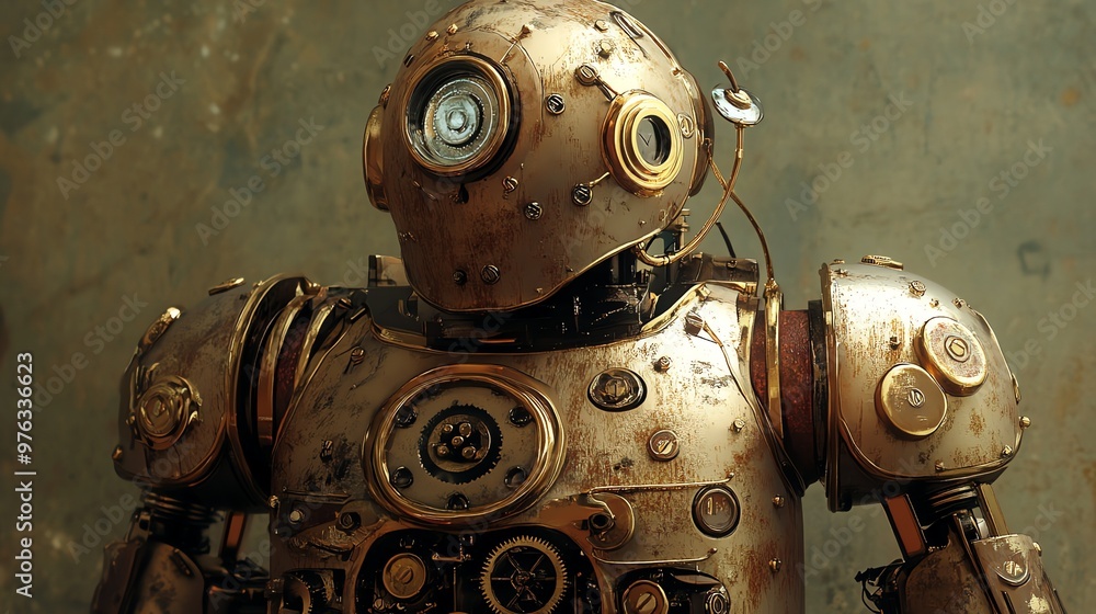Poster a steampunk robot with intricate details and gears.