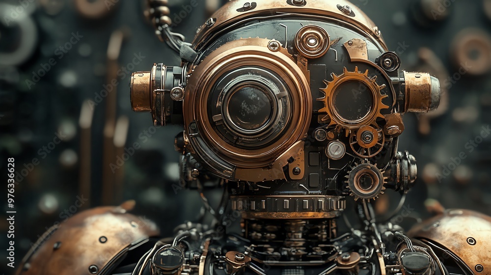 Poster a close-up of a steampunk robot's head with intricate gears and mechanics.