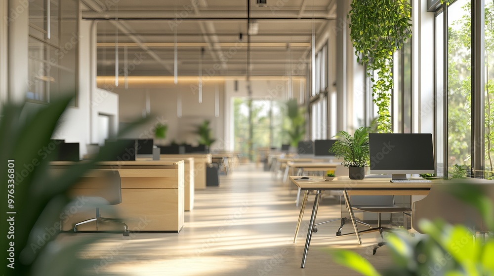 Poster modern open space business office interior with no people featuring blurred bokeh lighting includes 