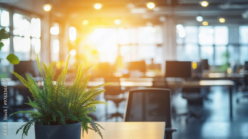 Poster modern open space business office interior with no people featuring blurred bokeh lighting includes 