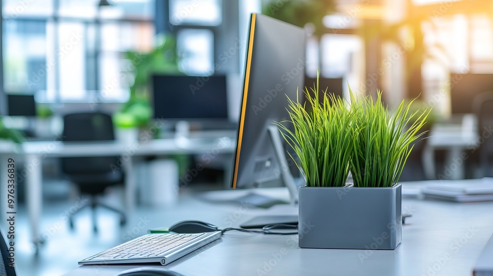 Poster modern open space business office interior with no people featuring blurred bokeh lighting includes 