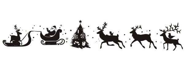 A series of black and white images of Santa Claus and reindeer