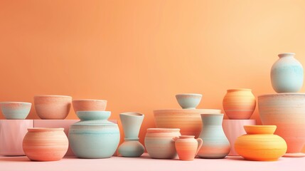 Colorful 3D Illustration of Creative Ceramic Pottery Against a Warm Orange Background