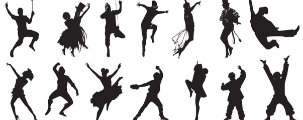 A series of silhouettes of people dancing and jumping