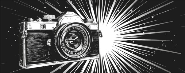 Classic pin-up camera with a large flash bulb, vector illustration, pin-up style, imitation of a scratch board, black and white image.