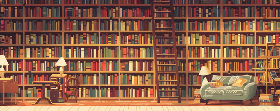 Classic library scene with tall bookshelves, a rolling ladder, and cozy reading nooks, flat, vector illustration, vintage hand drawn.