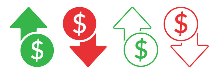 Dollar decrease, dollar appreciation icons  green and red