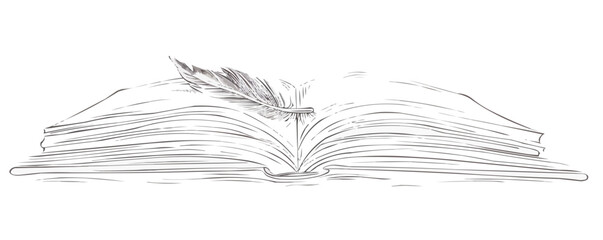 Continuous one line drawing open book with a quill on a white background. vector illustration.
