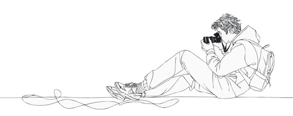 Fototapeta premium Continuous one line drawing person with camera on a white background. vector illustration.